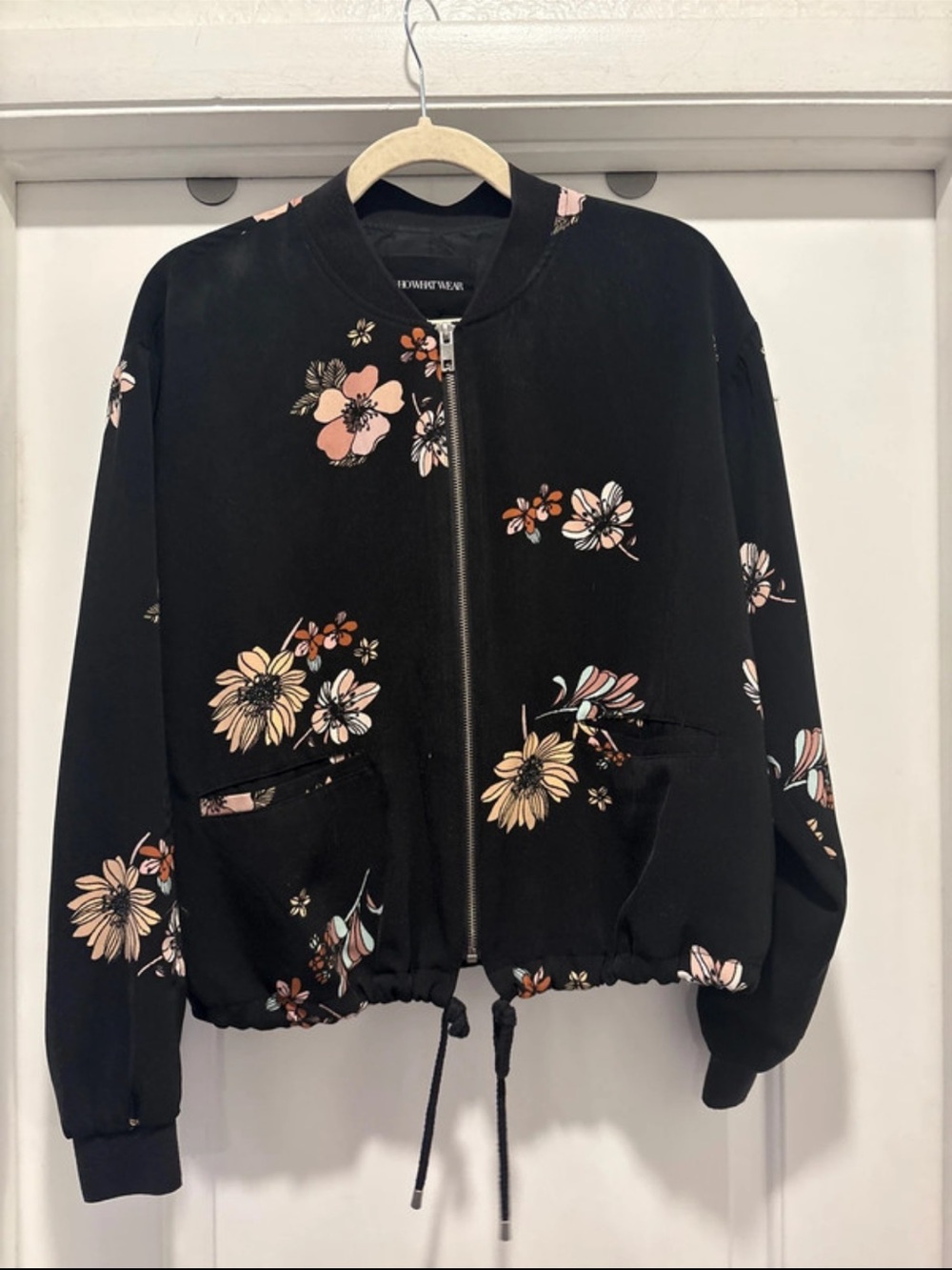 Who What Wear Black Floral Bomber Jacket with Pink & Cream Blooms